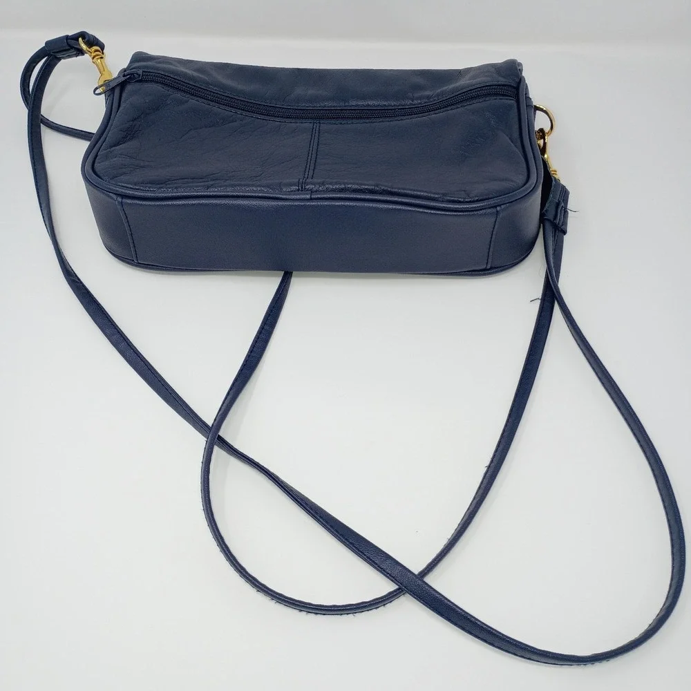 Vintage Cabin Creek Leather Shoulder Bag Purse Navy Blue Gold 90s Office Cottage
